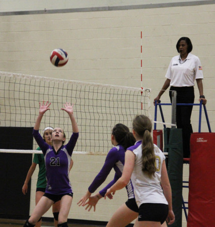 During the freshman game on Tuesday Taylor Soto sets the ball for a teammate during the teams sweep of Lake Dallas. The team improved to 11-1 in district 5-4 A play.