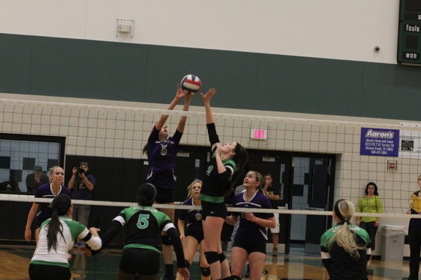 Hannah Altman goes up for a block in the teams victory at Lake Dallas last Tuesday. The team defeated Azle on Friday setting up a key game tonight against rival Guyer.